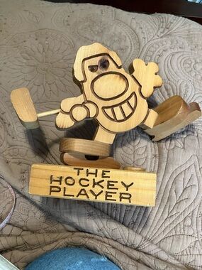 Vintage Hand Carved Wooden Figurine Titled The Hockey Player